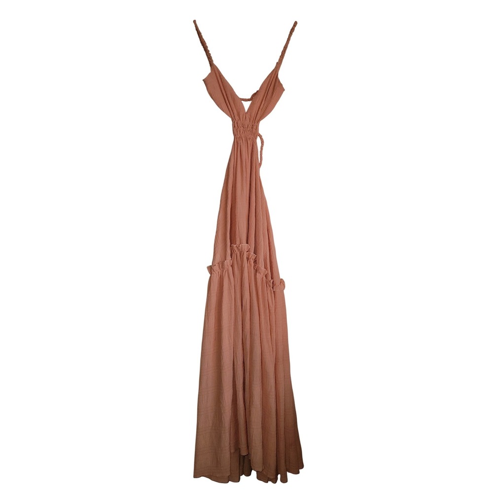 Mable Size M Peach Maxi Dress Deep V Ruffle Tiered Smocked Boho Style‎ MO3090